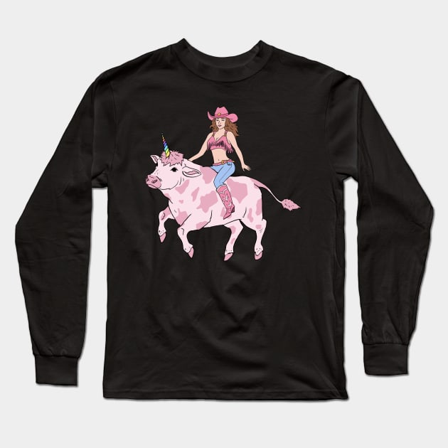 Cowgirl Riding Cow Unicorn Long Sleeve T-Shirt by Alure Prints